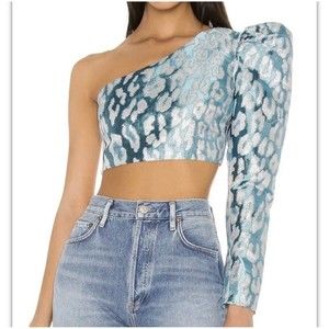 One shoulder top in blue and silver XS